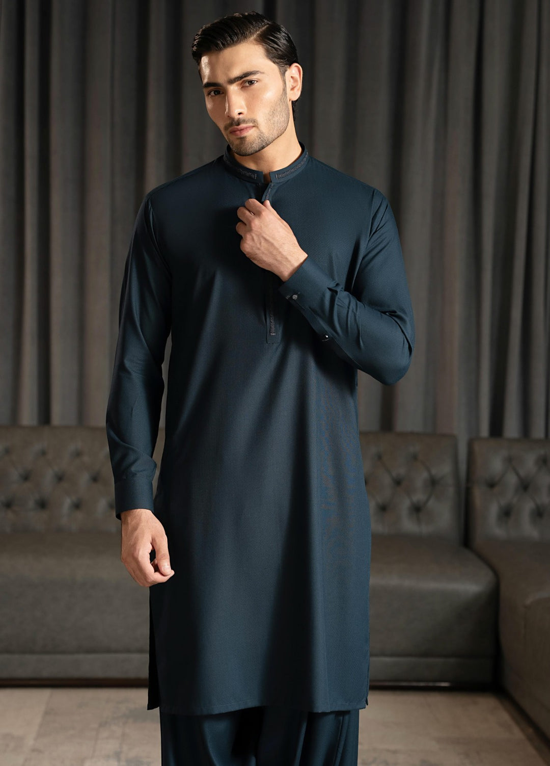 Stylish Garments Mens RTW Embroidered Wash N Wear Kurta Shalwar Suit Gray Blue Casual Collection