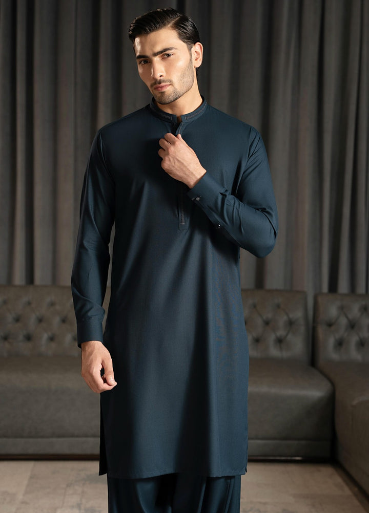 Stylish Garments Mens RTW Embroidered Wash N Wear Kurta Shalwar Suit Gray Blue Casual Collection