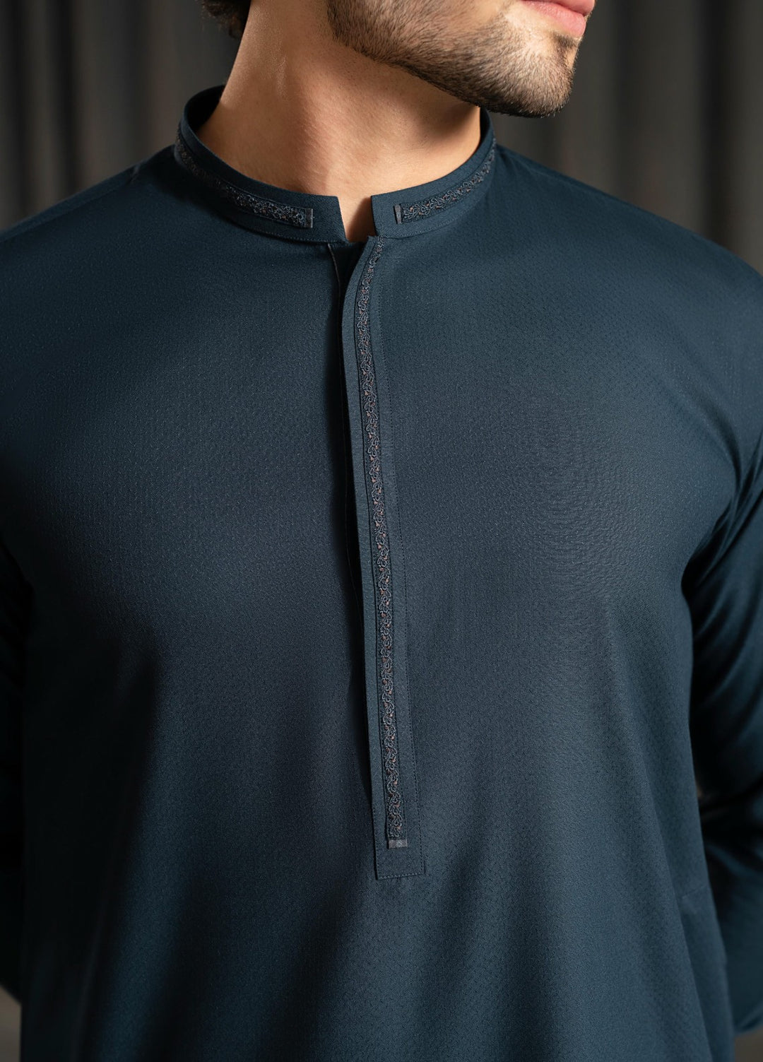 Stylish Garments Mens RTW Embroidered Wash N Wear Kurta Shalwar Suit Gray Blue Casual Collection