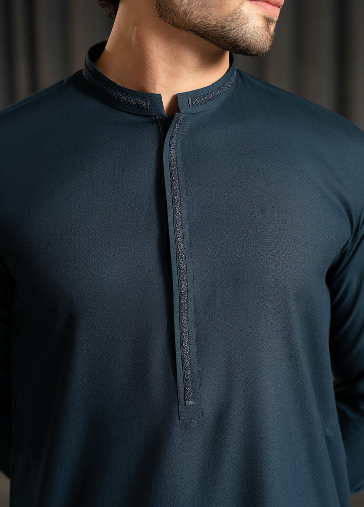 Stylish Garments Mens RTW Embroidered Wash N Wear Kurta Shalwar Suit Gray Blue Casual Collection