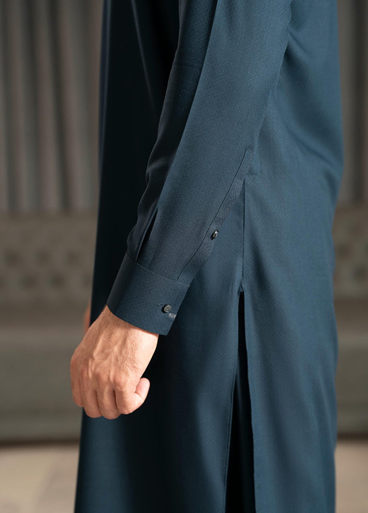 Stylish Garments Mens RTW Embroidered Wash N Wear Kurta Shalwar Suit Gray Blue Casual Collection