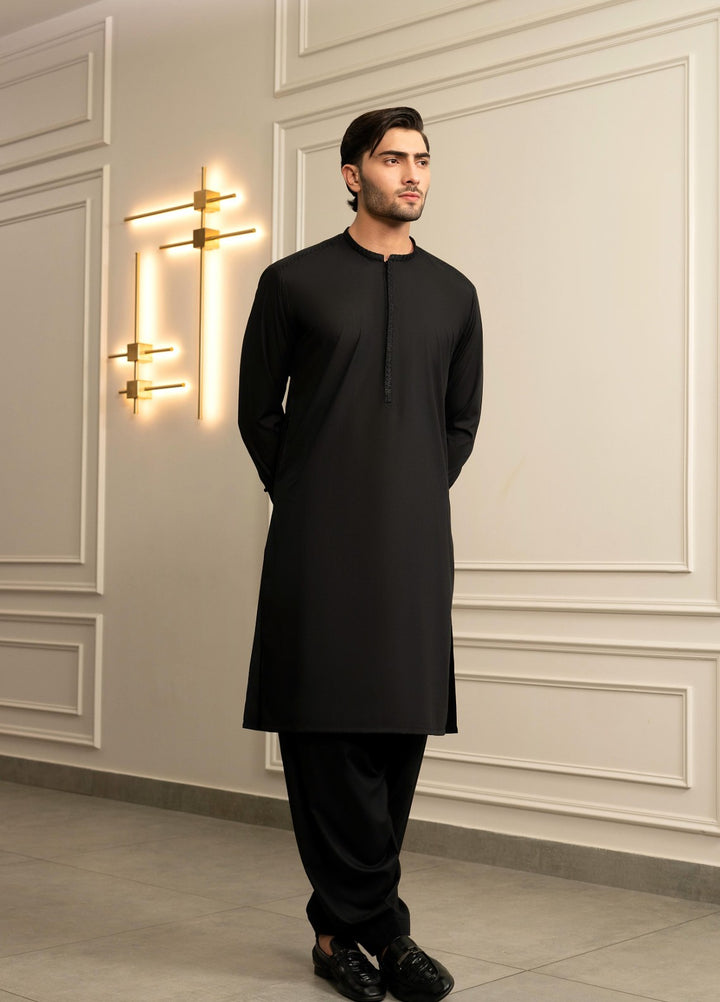 Stylish Garments Mens RTW Embroidered Wash N Wear Kurta Shalwar Suit Black Casual Collection