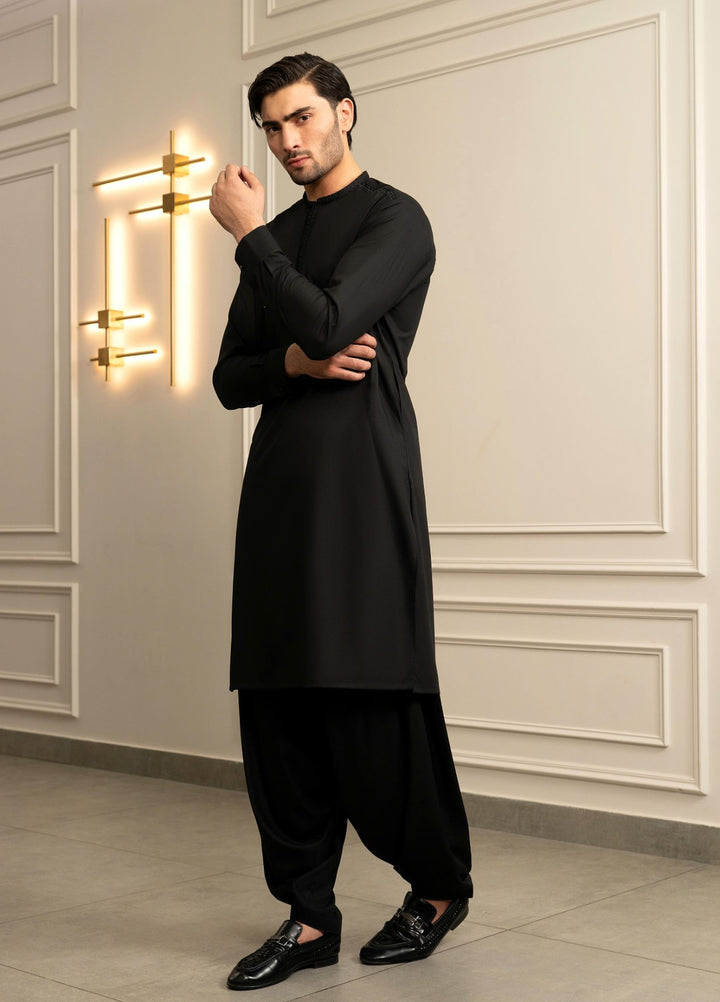 Stylish Garments Mens RTW Embroidered Wash N Wear Kurta Shalwar Suit Black Casual Collection