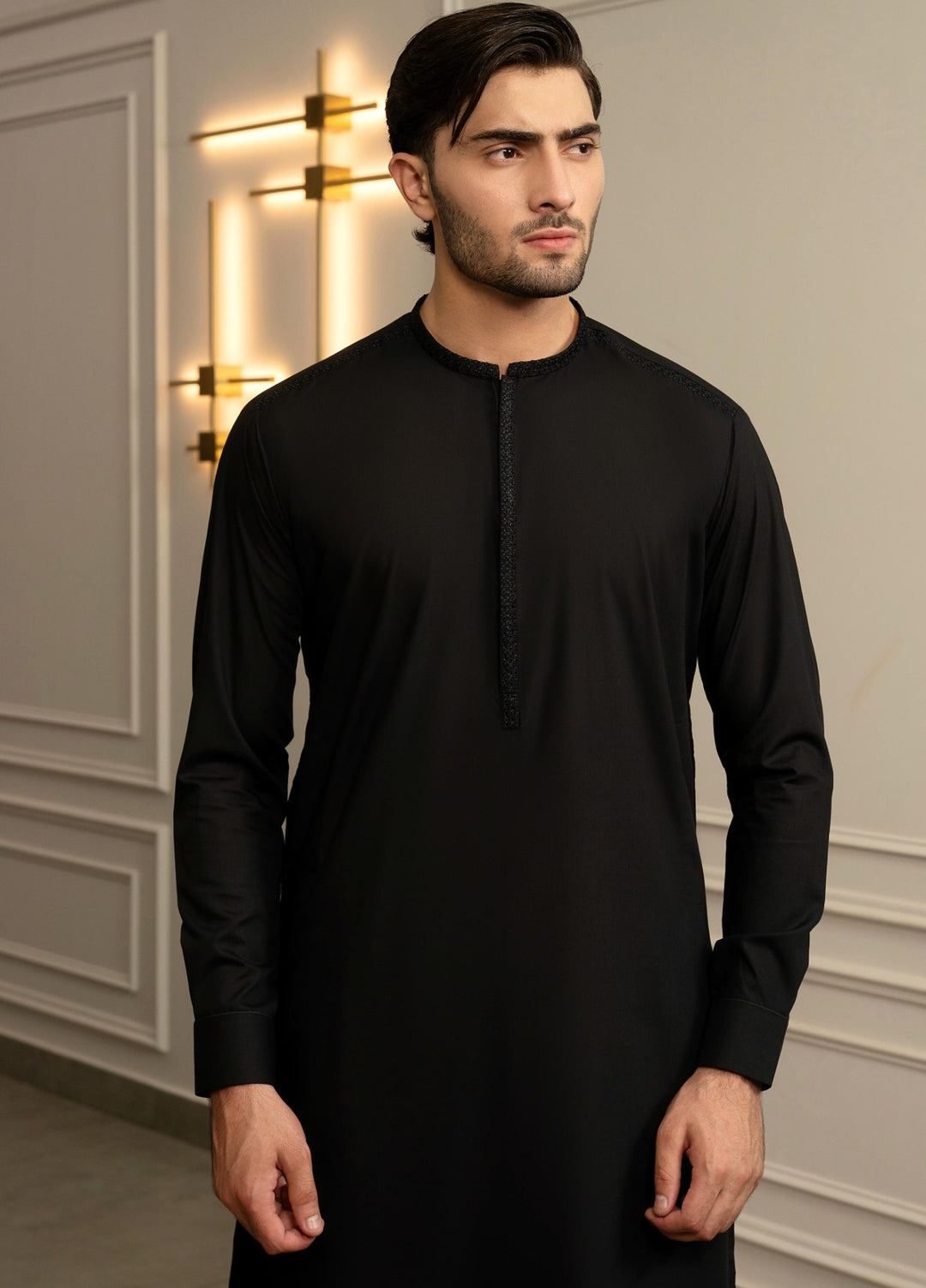 Stylish Garments Mens RTW Embroidered Wash N Wear Kurta Shalwar Suit Black Casual Collection