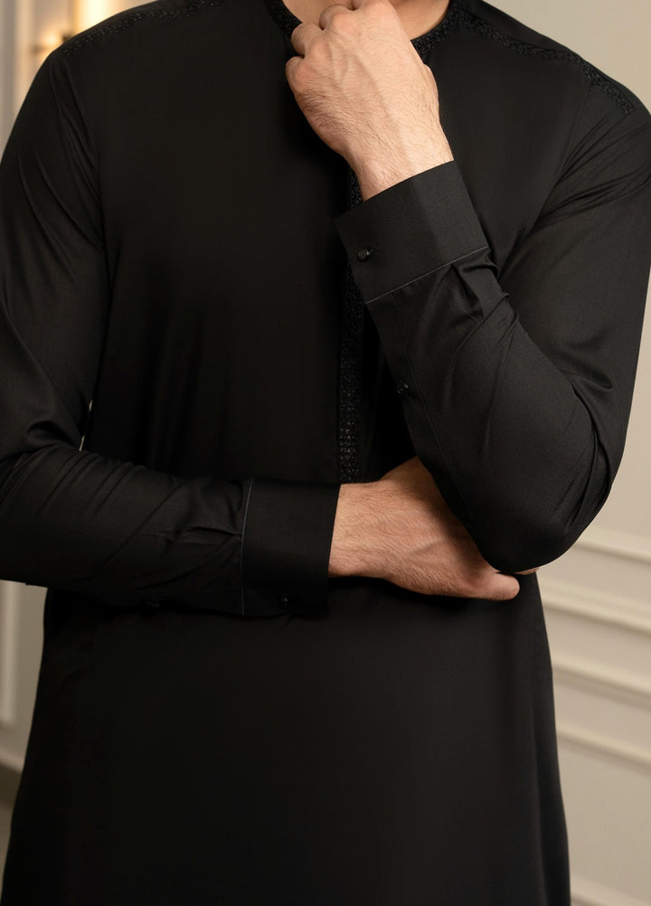 Stylish Garments Mens RTW Embroidered Wash N Wear Kurta Shalwar Suit Black Casual Collection