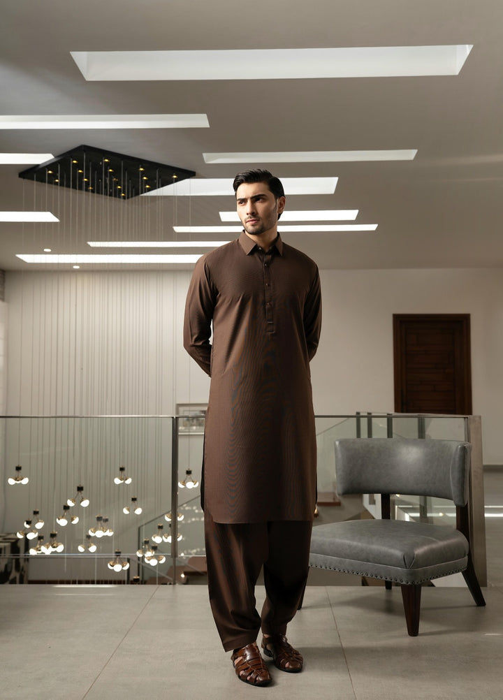 Stylish Garments Mens RTW Solids Wash N Wear Kurta Shalwar Suit Brown Plain Casual Collection