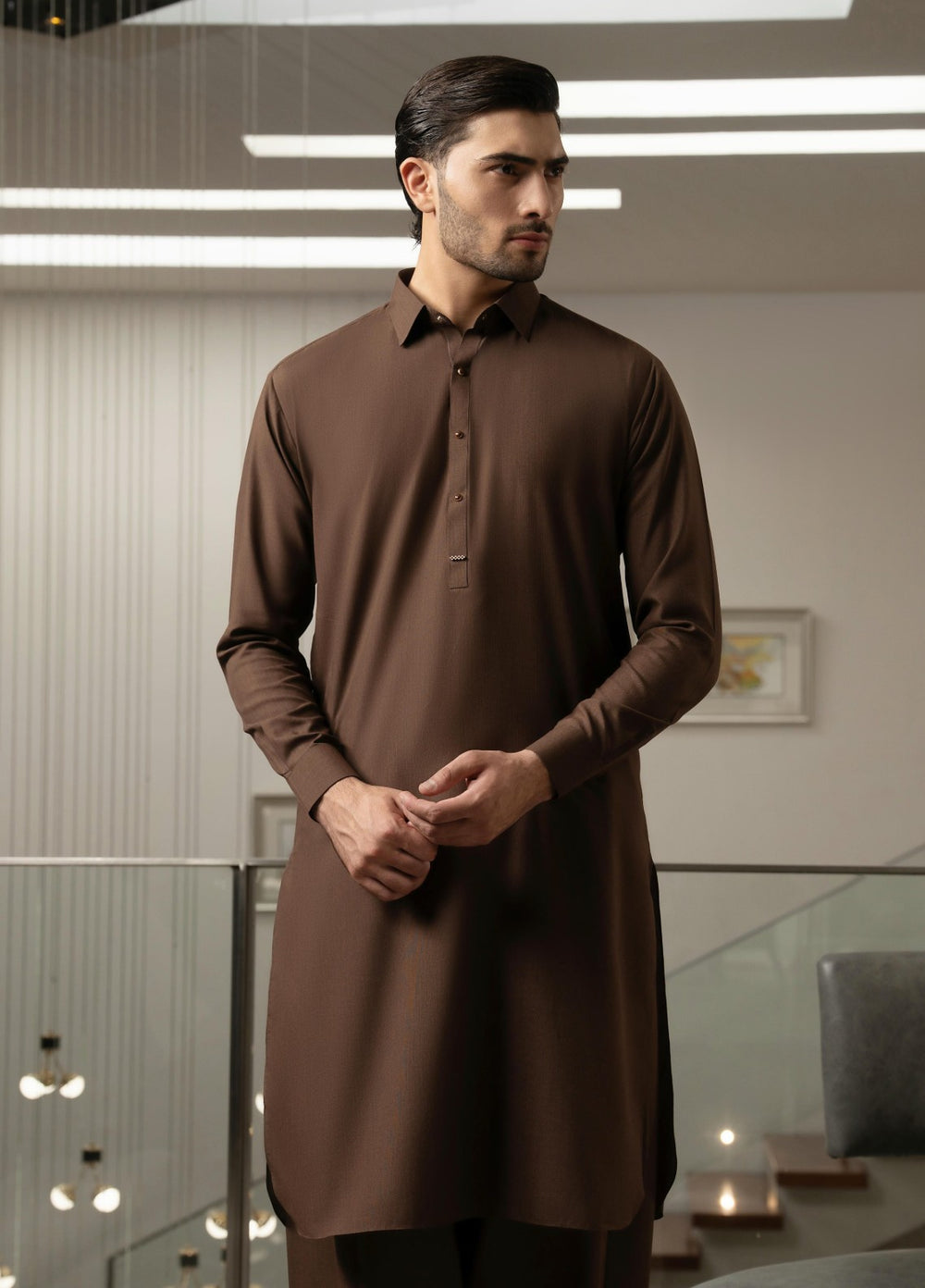 Stylish Garments Mens RTW Solids Wash N Wear Kurta Shalwar Suit Brown Plain Casual Collection