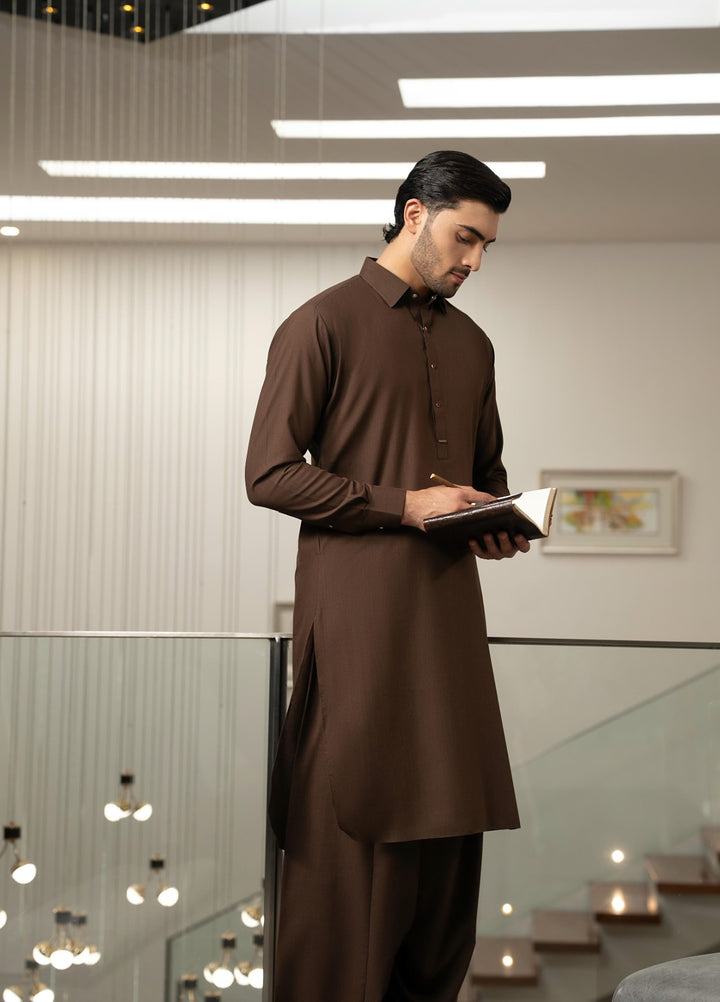 Stylish Garments Mens RTW Solids Wash N Wear Kurta Shalwar Suit Brown Plain Casual Collection