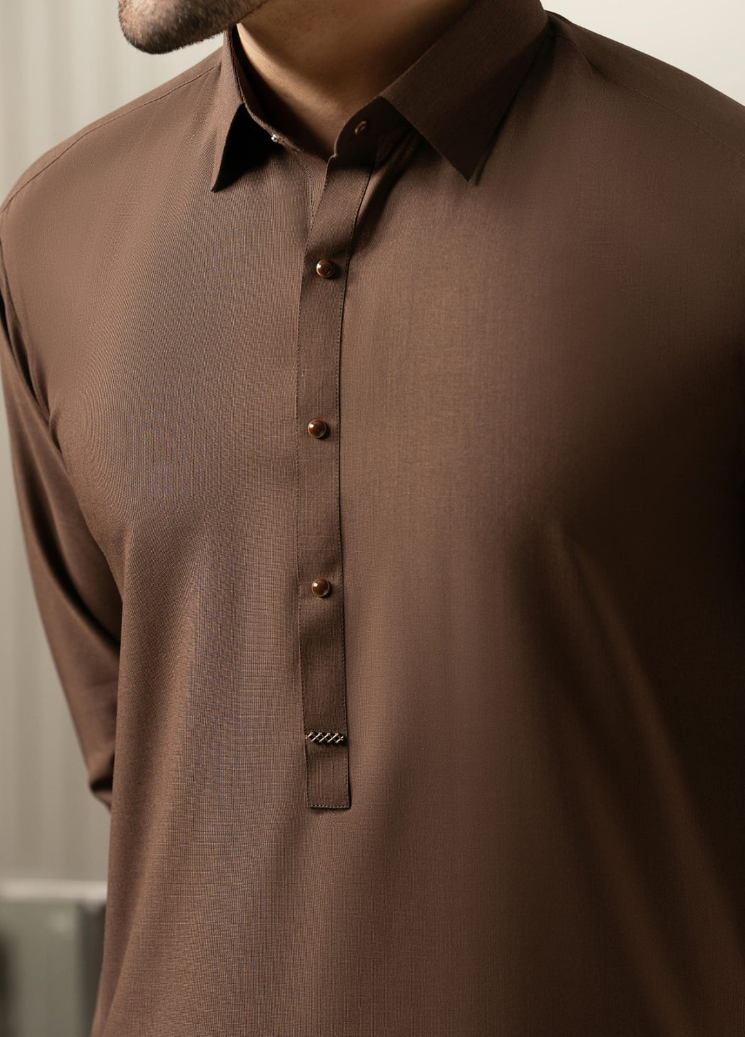 Stylish Garments Mens RTW Solids Wash N Wear Kurta Shalwar Suit Brown Plain Casual Collection