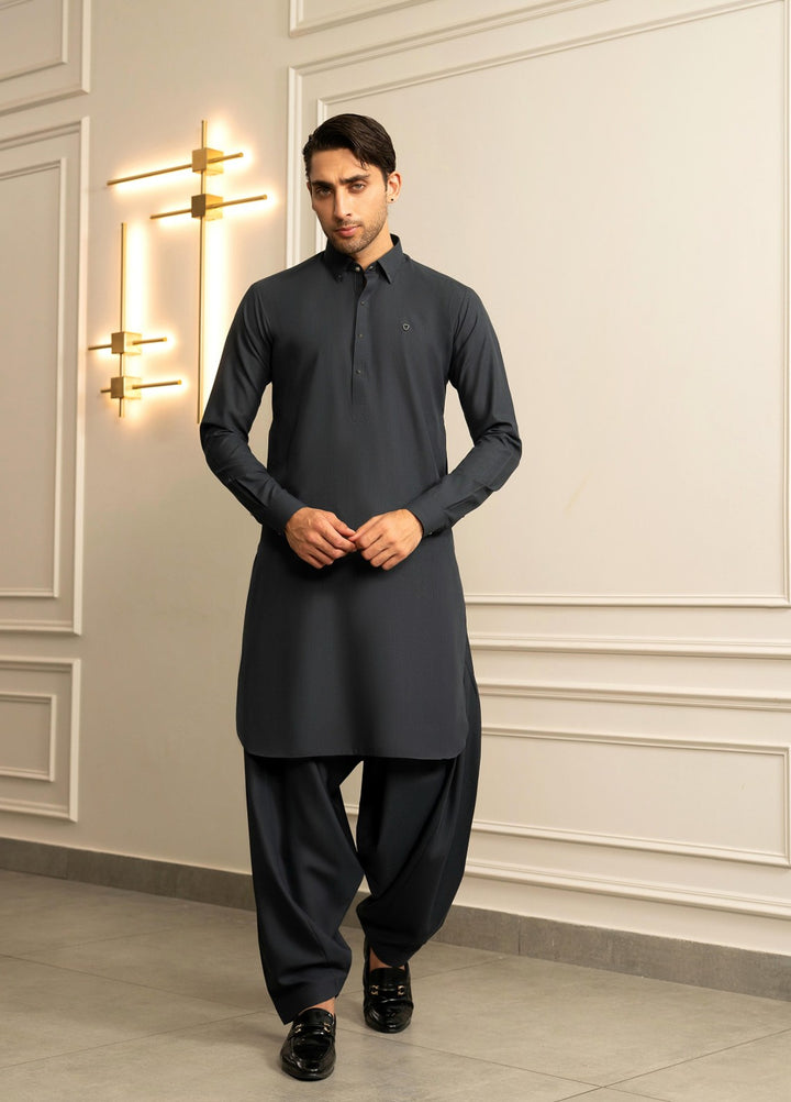 Stylish Garments Mens RTW Solids Wash N Wear Kurta Shalwar Suit Gray Plain Casual Collection