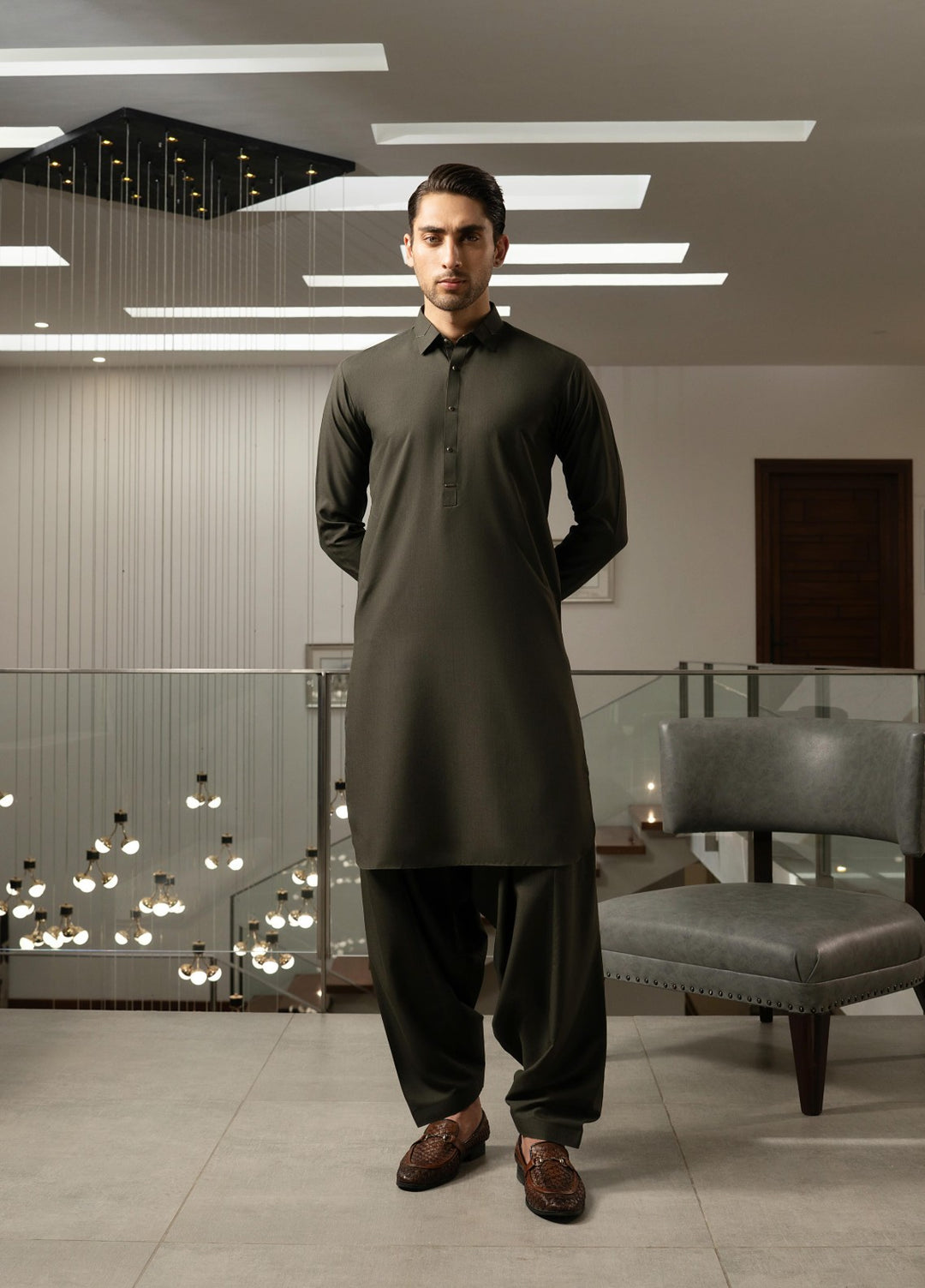 Stylish Garments Mens RTW Solids Wash N Wear Kurta Shalwar Suit Green Plain Casual Collection