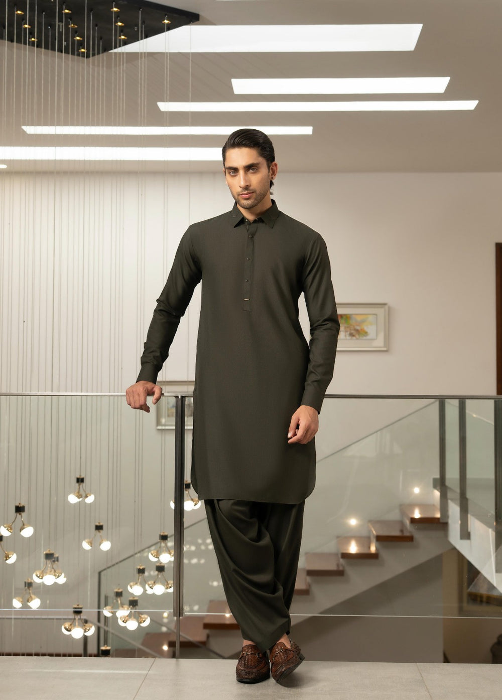 Stylish Garments Mens RTW Solids Wash N Wear Kurta Shalwar Suit Green Plain Casual Collection