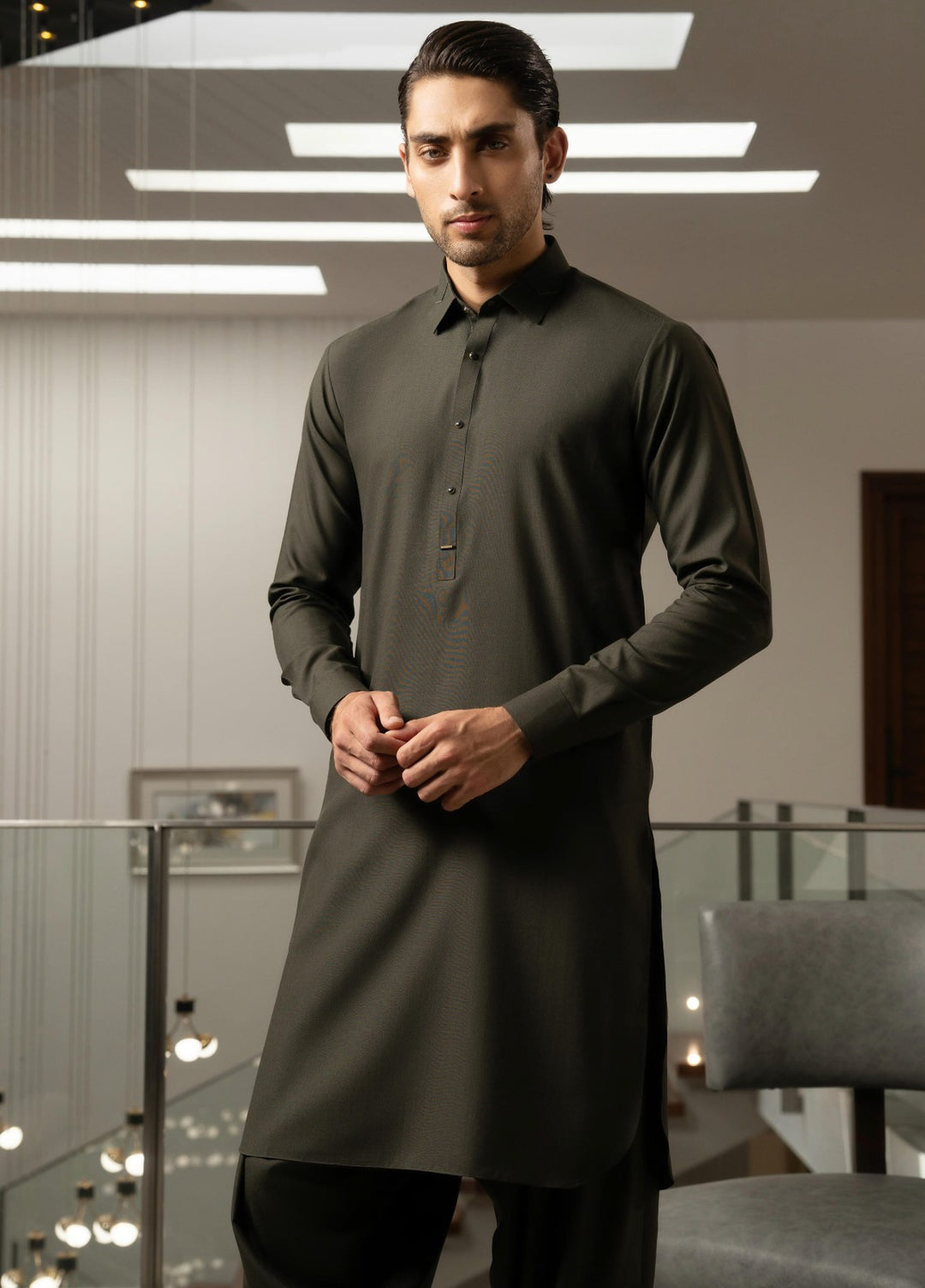Stylish Garments Mens RTW Solids Wash N Wear Kurta Shalwar Suit Green Plain Casual Collection