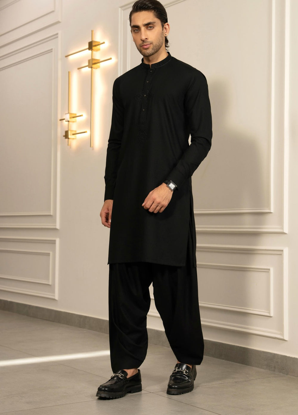 Stylish Garments Mens RTW Embroidered Wash N Wear Kurta Shalwar Suit Black Casual Collection