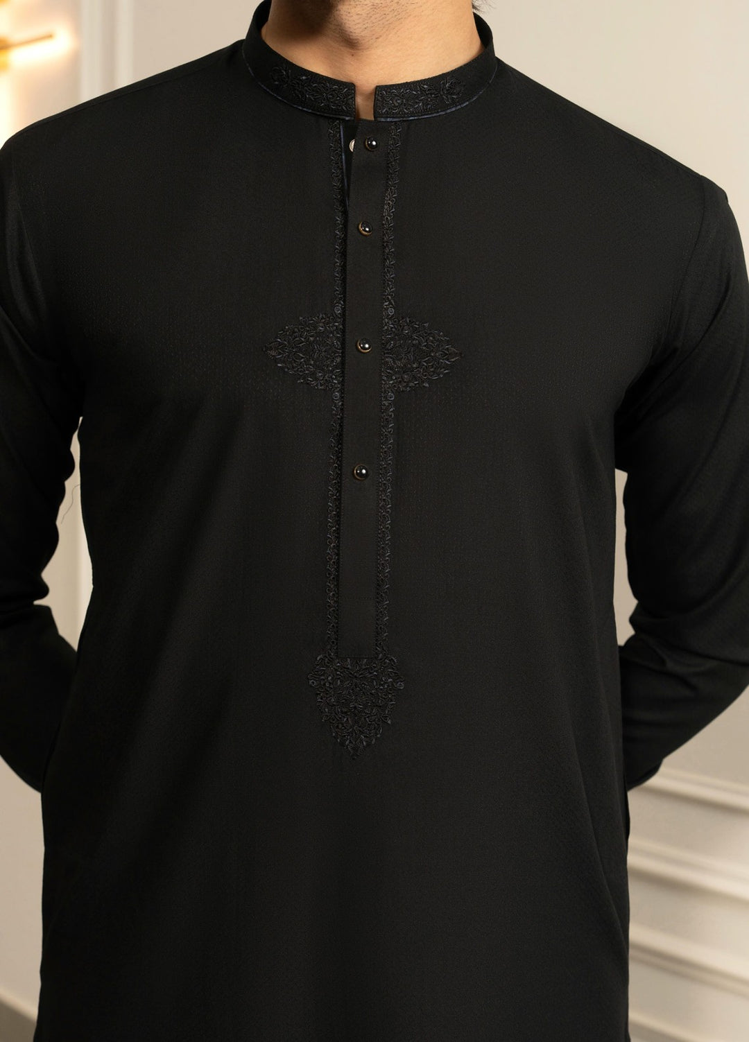 Stylish Garments Mens RTW Embroidered Wash N Wear Kurta Shalwar Suit Black Casual Collection