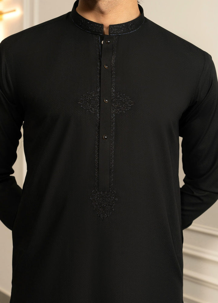 Stylish Garments Mens RTW Embroidered Wash N Wear Kurta Shalwar Suit Black Casual Collection
