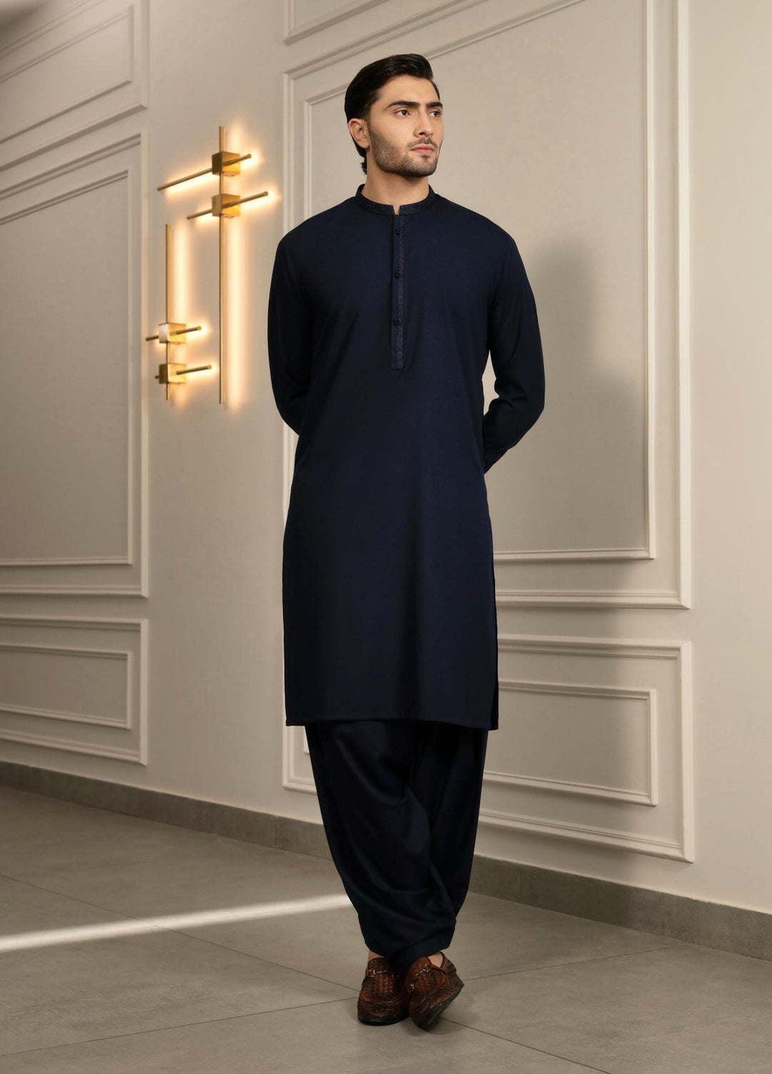 Stylish Garments Mens RTW Embroidered Wash N Wear Kurta Shalwar Suit Blue Casual Collection