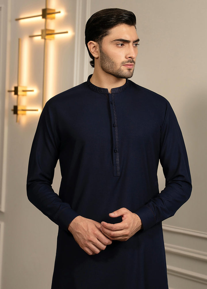 Stylish Garments Mens RTW Embroidered Wash N Wear Kurta Shalwar Suit Blue Casual Collection