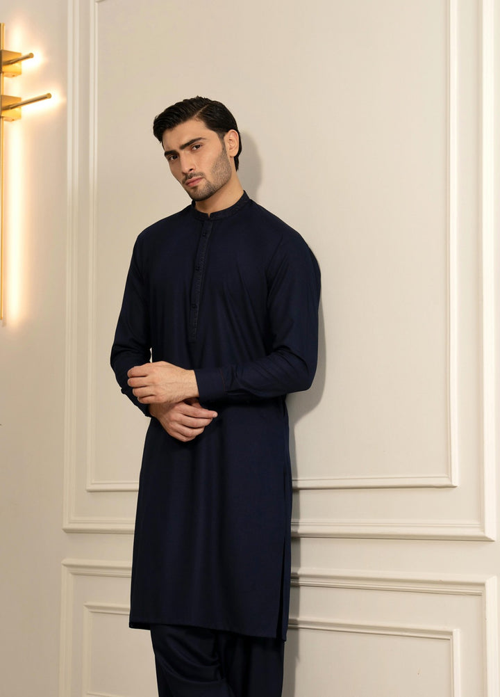 Stylish Garments Mens RTW Embroidered Wash N Wear Kurta Shalwar Suit Blue Casual Collection