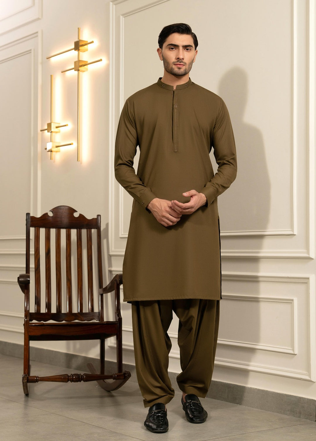 Stylish Garments Mens RTW Solids Wash N Wear Kurta Shalwar Suit Brown Golden Casual Collection