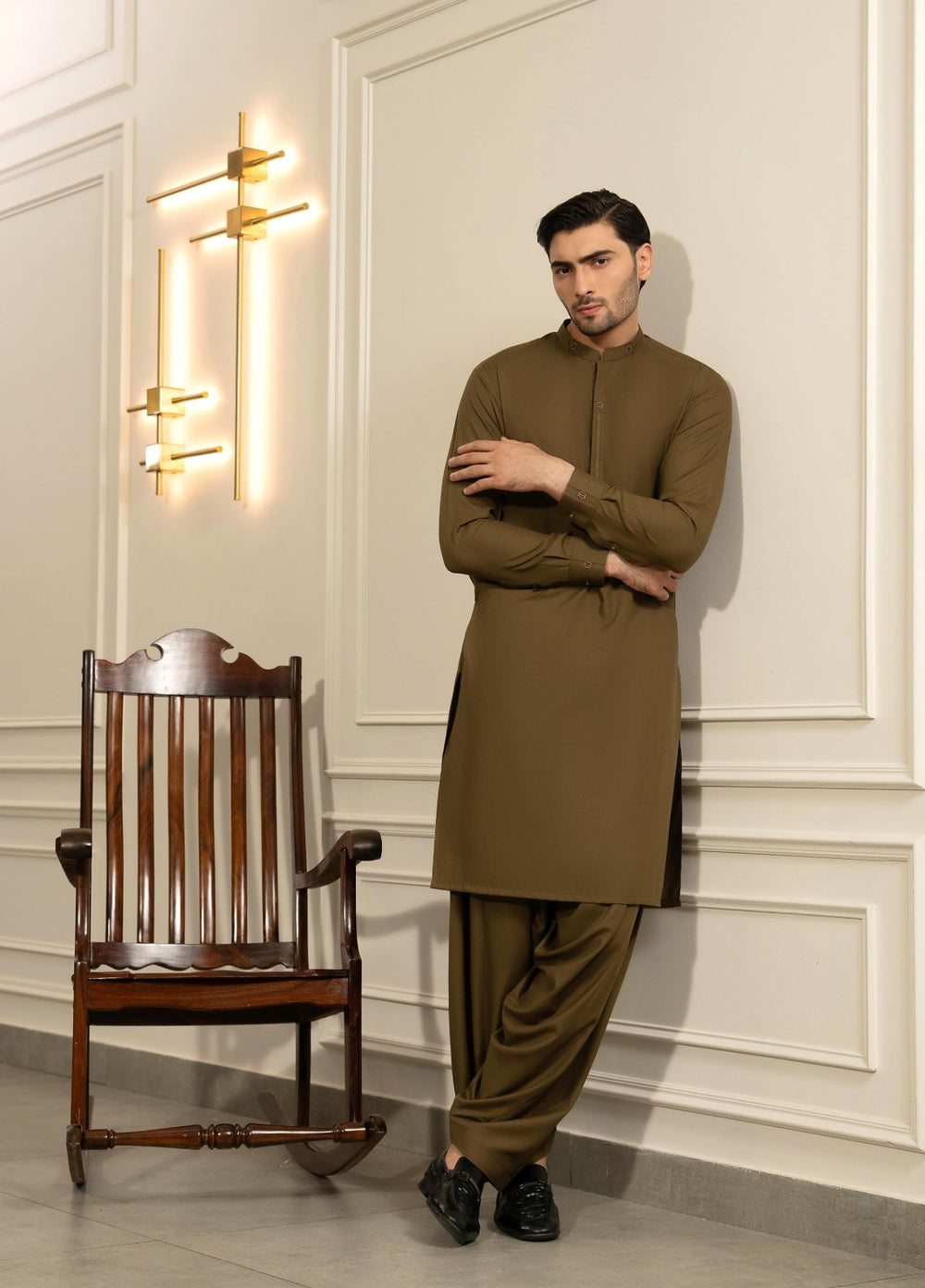 Stylish Garments Mens RTW Solids Wash N Wear Kurta Shalwar Suit Brown Golden Casual Collection