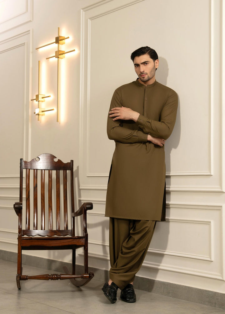Stylish Garments Mens RTW Solids Wash N Wear Kurta Shalwar Suit Brown Golden Casual Collection