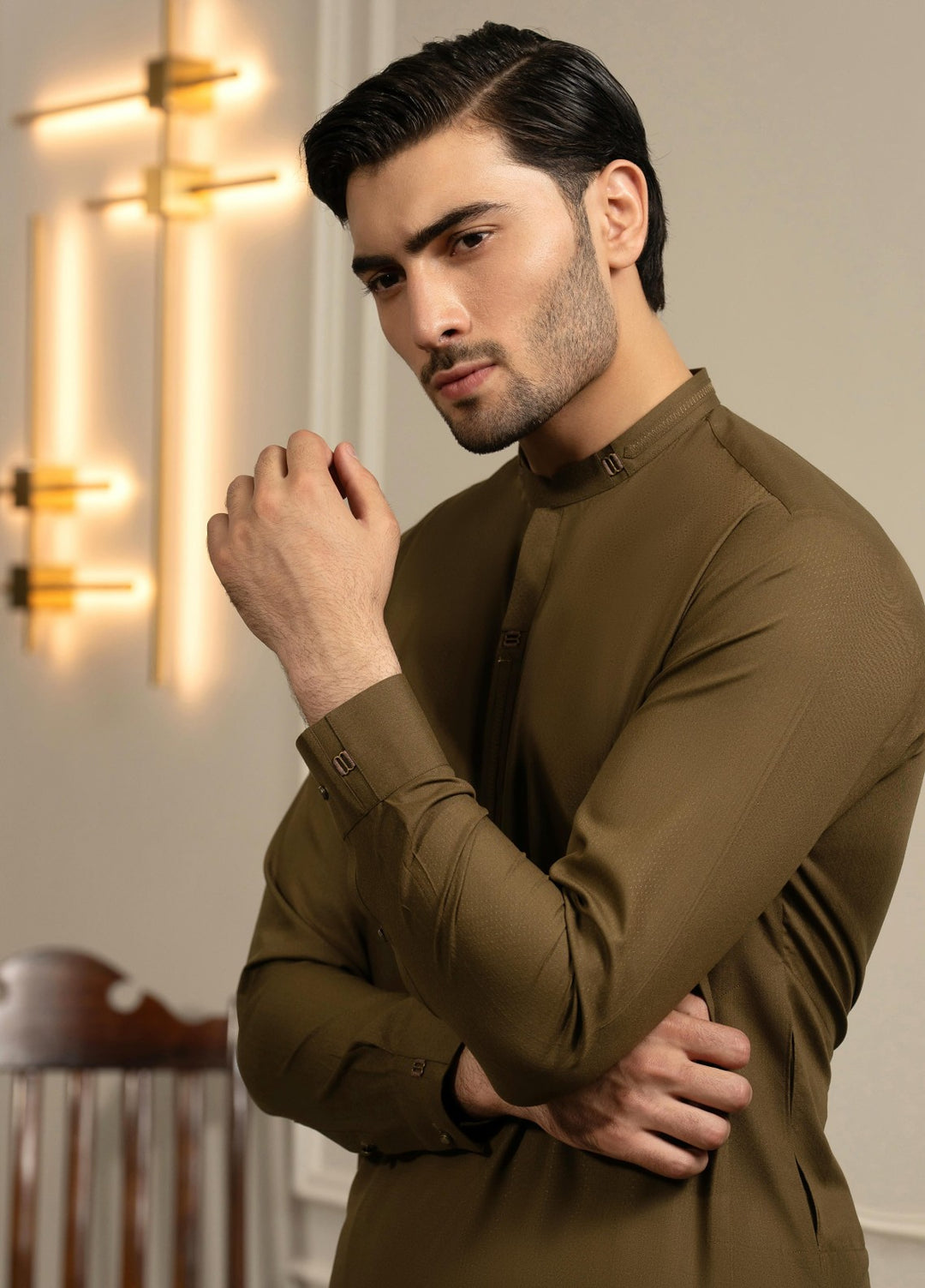 Stylish Garments Mens RTW Solids Wash N Wear Kurta Shalwar Suit Brown Golden Casual Collection