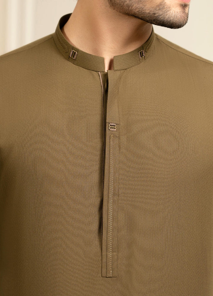 Stylish Garments Mens RTW Solids Wash N Wear Kurta Shalwar Suit Brown Golden Casual Collection