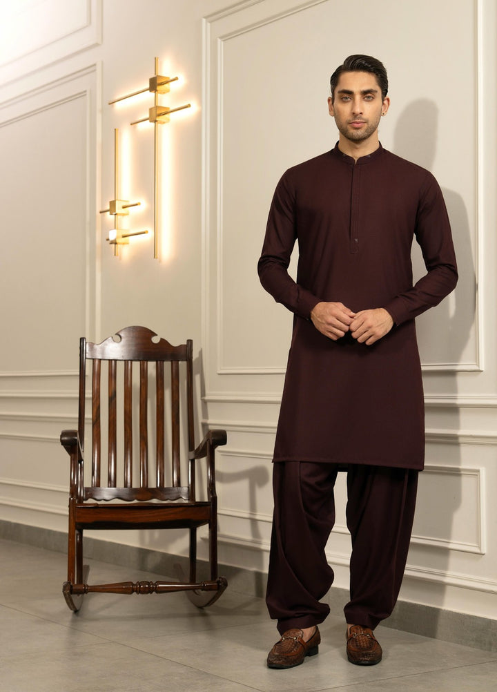 Stylish Garments Mens RTW Solids Wash N Wear Kurta Shalwar Suit Mehroon Casual Collection