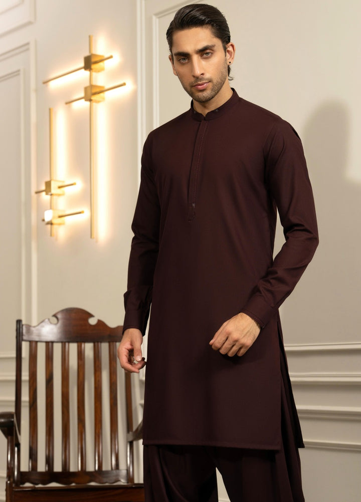 Stylish Garments Mens RTW Solids Wash N Wear Kurta Shalwar Suit Mehroon Casual Collection