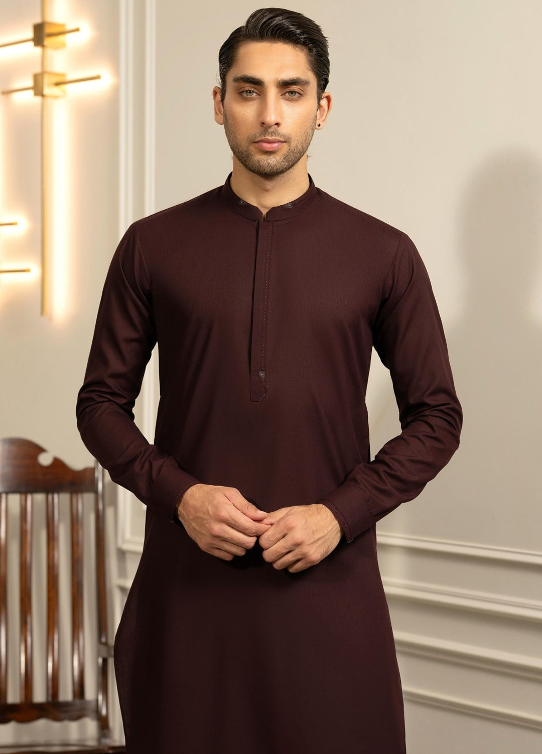 Stylish Garments Mens RTW Solids Wash N Wear Kurta Shalwar Suit Mehroon Casual Collection