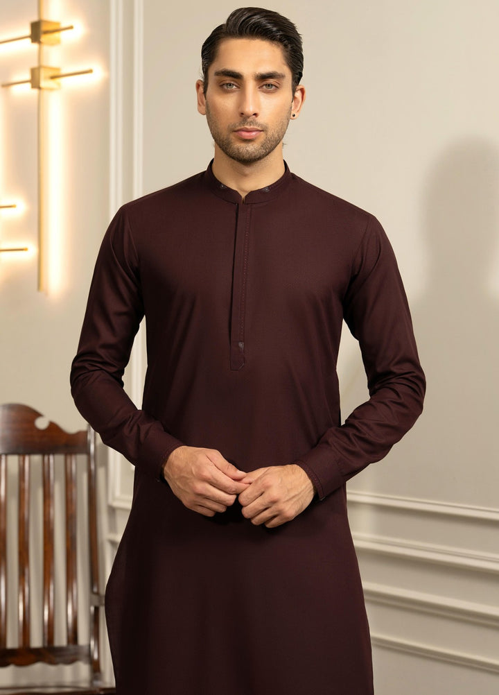 Stylish Garments Mens RTW Solids Wash N Wear Kurta Shalwar Suit Mehroon Casual Collection