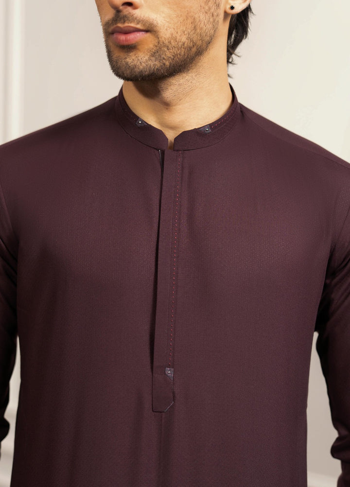 Stylish Garments Mens RTW Solids Wash N Wear Kurta Shalwar Suit Mehroon Casual Collection