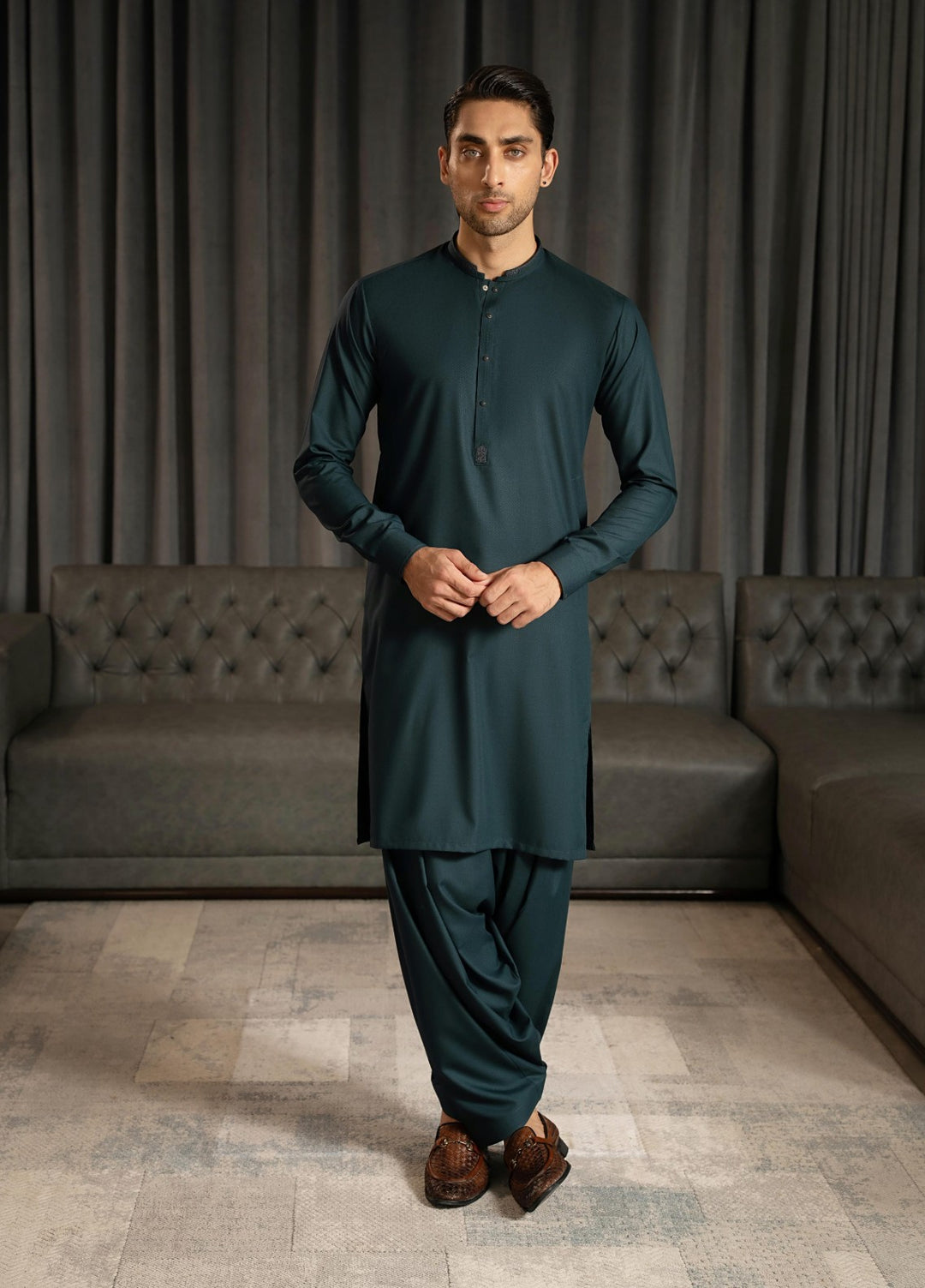 Stylish Garments Mens RTW Embroidered Wash N Wear Kurta Shalwar Suit Tale Green Casual Collection
