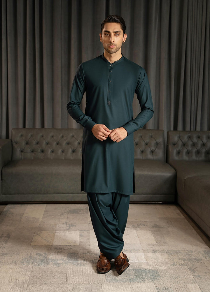 Stylish Garments Mens RTW Embroidered Wash N Wear Kurta Shalwar Suit Tale Green Casual Collection