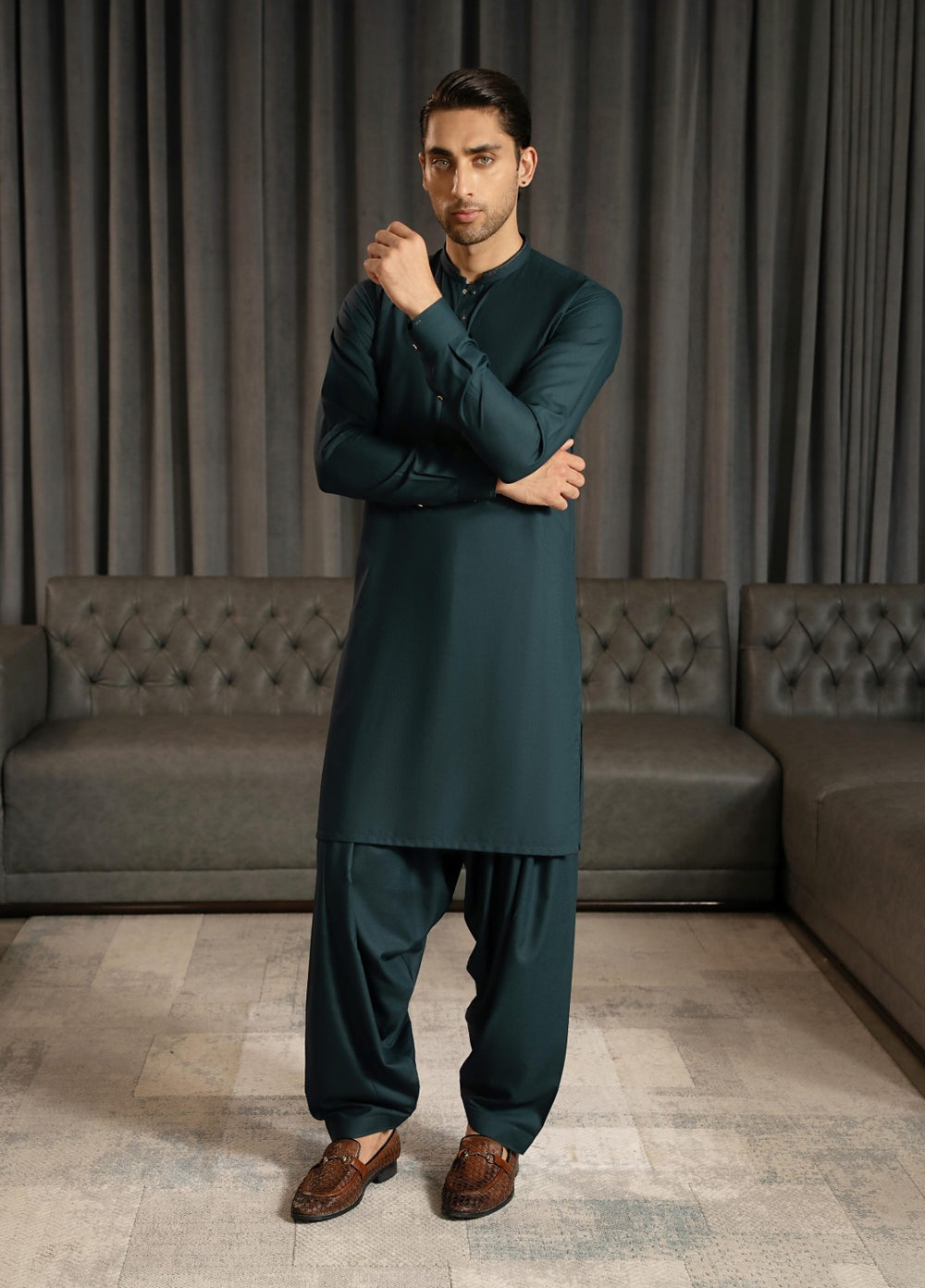 Stylish Garments Mens RTW Embroidered Wash N Wear Kurta Shalwar Suit Tale Green Casual Collection