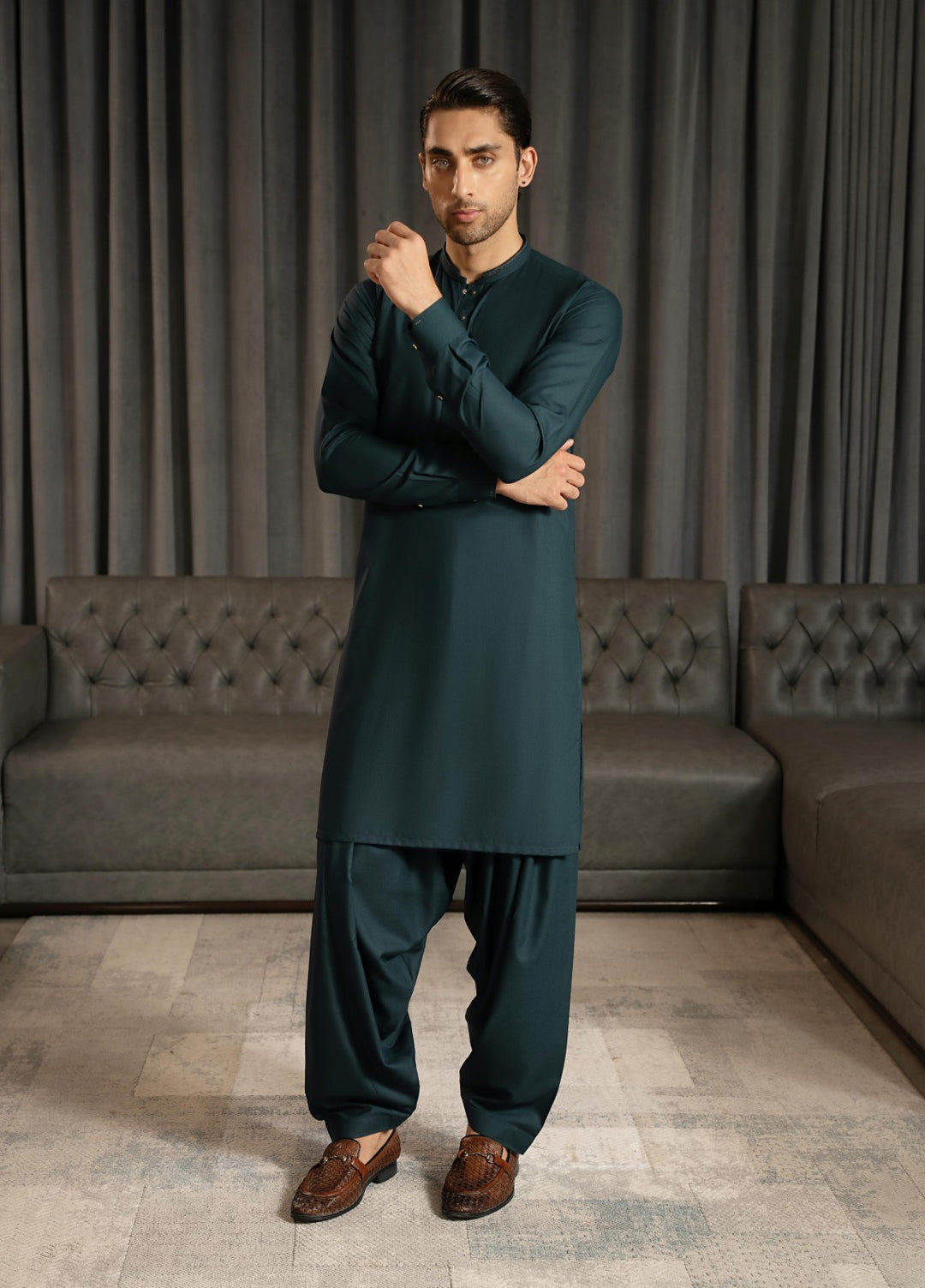 Stylish Garments Mens RTW Embroidered Wash N Wear Kurta Shalwar Suit Tale Green Casual Collection
