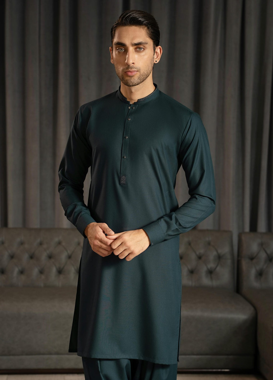 Stylish Garments Mens RTW Embroidered Wash N Wear Kurta Shalwar Suit Tale Green Casual Collection