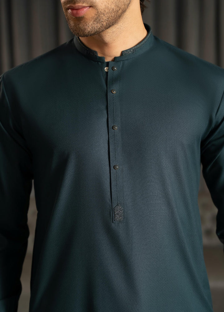 Stylish Garments Mens RTW Embroidered Wash N Wear Kurta Shalwar Suit Tale Green Casual Collection