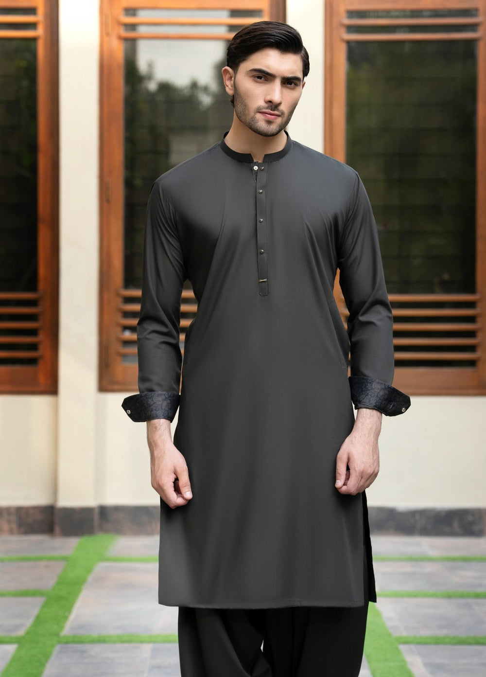 Stylish Garments Mens RTW Solids Wash N Wear Kurta Shalwar Suit Green Contrast Casual Collection