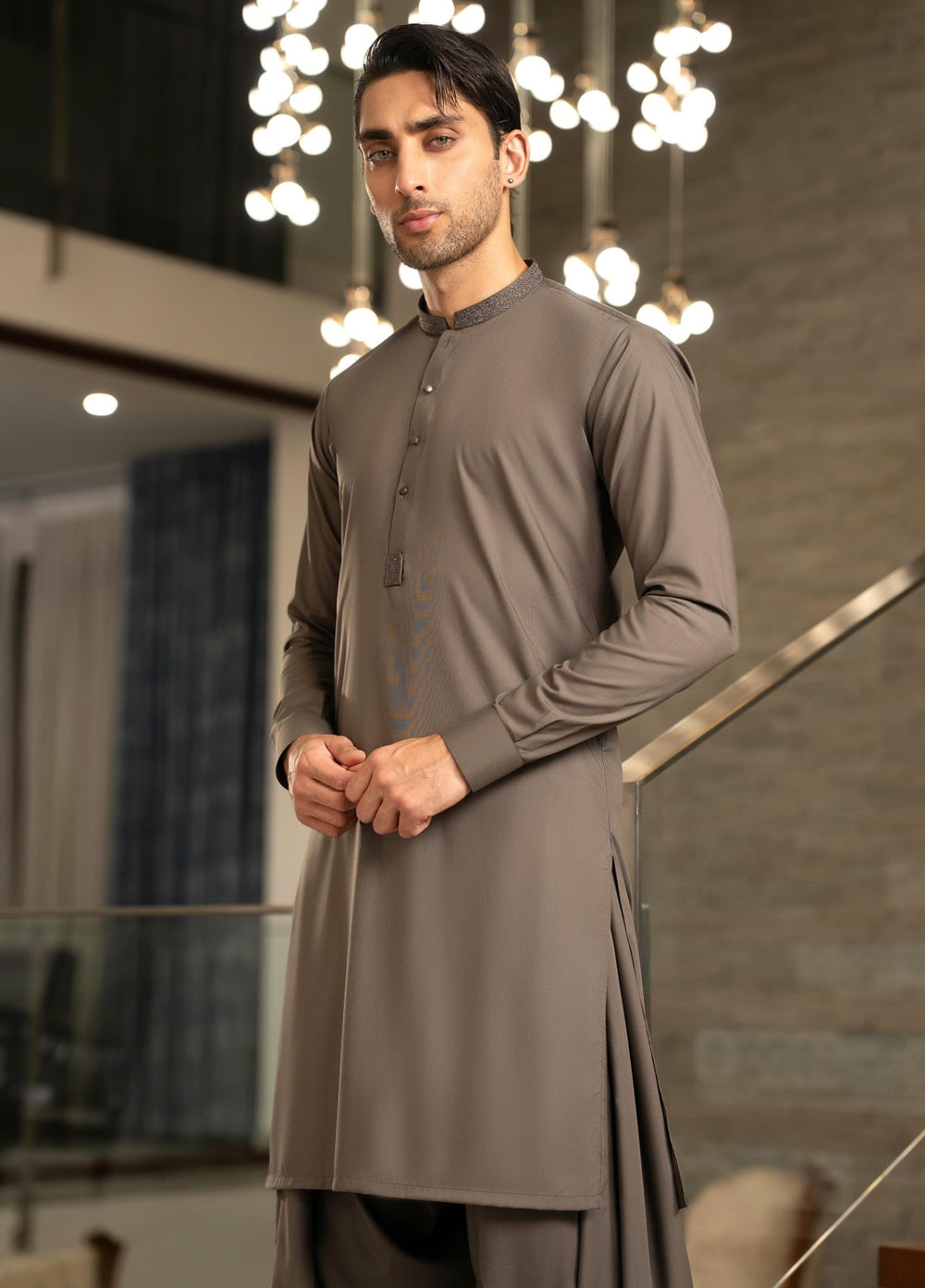 Stylish Garments Mens RTW Embroidered Wash N Wear Kurta Shalwar Suit Charcoal Green Casual Collection