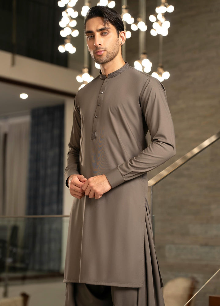 Stylish Garments Mens RTW Embroidered Wash N Wear Kurta Shalwar Suit Charcoal Green Casual Collection