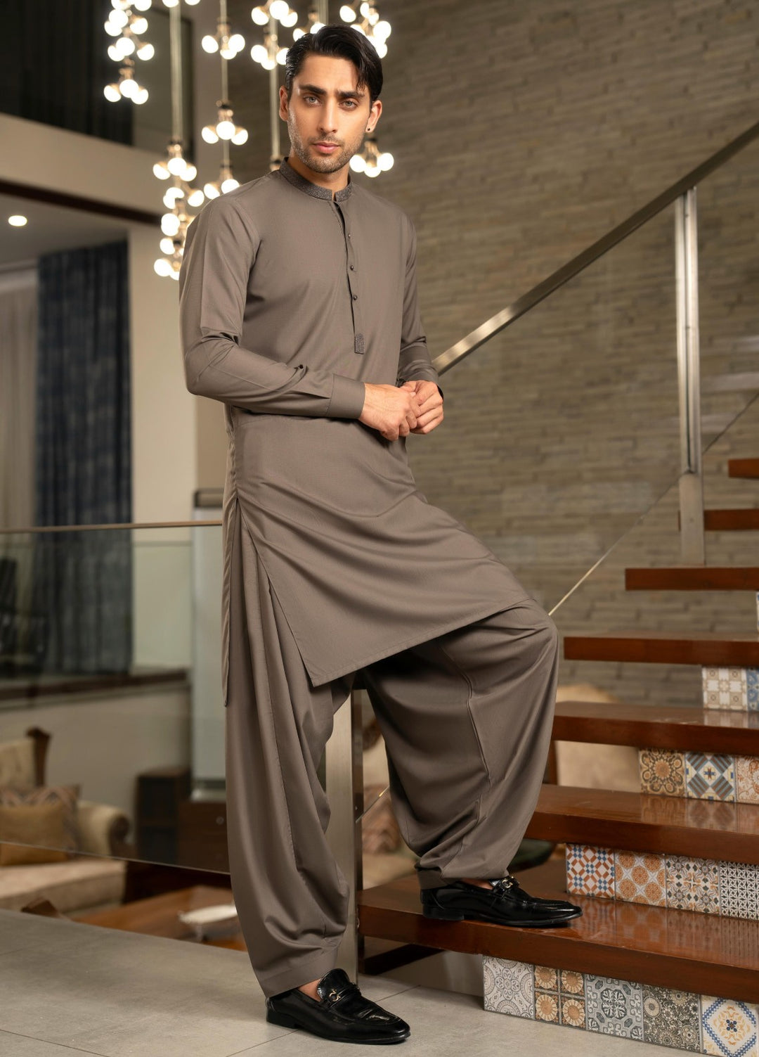 Stylish Garments Mens RTW Embroidered Wash N Wear Kurta Shalwar Suit Charcoal Green Casual Collection