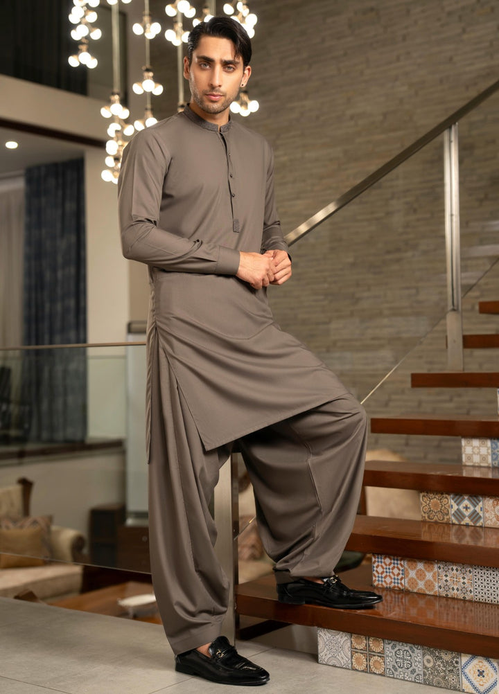 Stylish Garments Mens RTW Embroidered Wash N Wear Kurta Shalwar Suit Charcoal Green Casual Collection