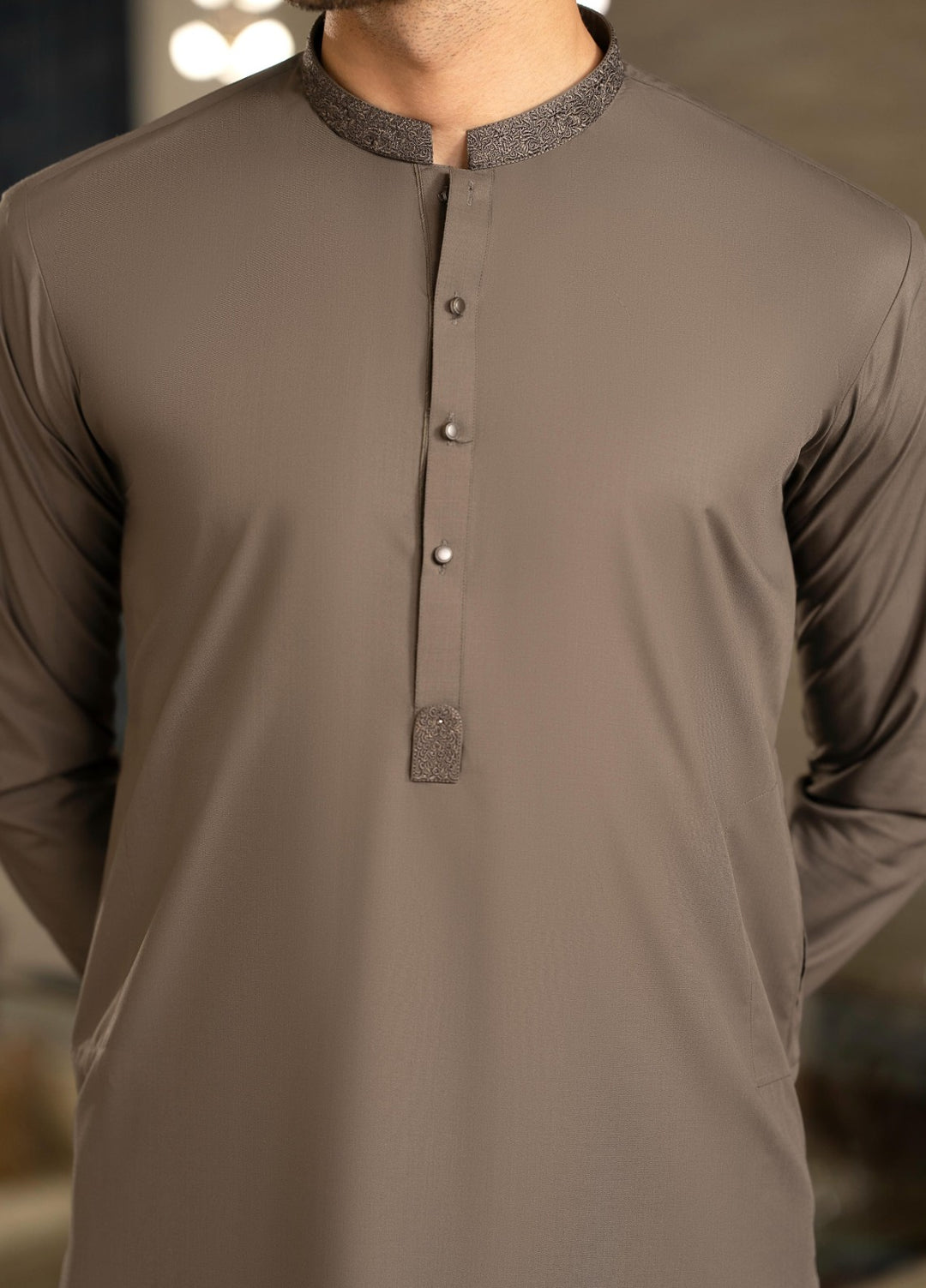 Stylish Garments Mens RTW Embroidered Wash N Wear Kurta Shalwar Suit Charcoal Green Casual Collection