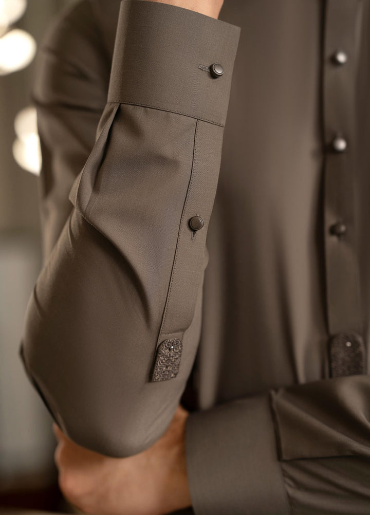 Stylish Garments Mens RTW Embroidered Wash N Wear Kurta Shalwar Suit Charcoal Green Casual Collection