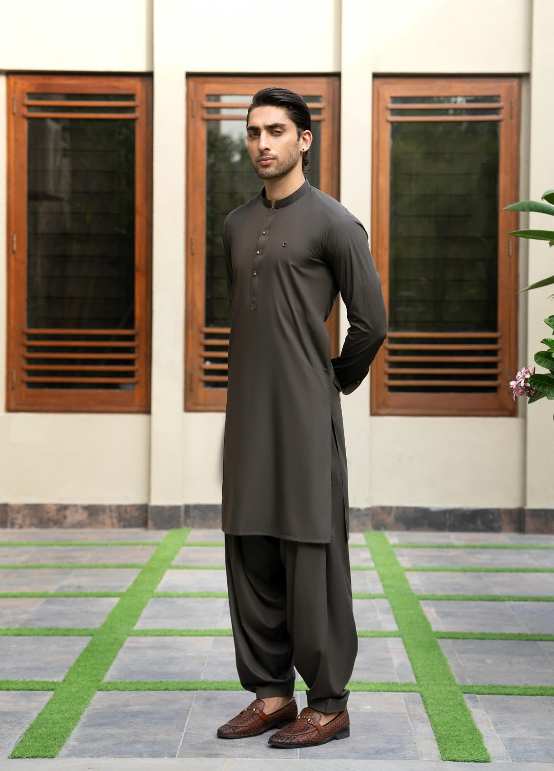 Stylish Garments Mens RTW Solids Wash N Wear Kurta Shalwar Suit Army Green Contrast Casual Collection