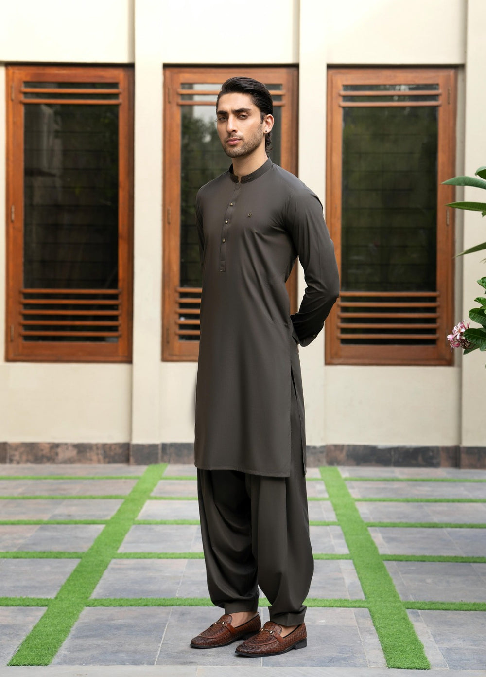 Stylish Garments Mens RTW Solids Wash N Wear Kurta Shalwar Suit Army Green Contrast Casual Collection