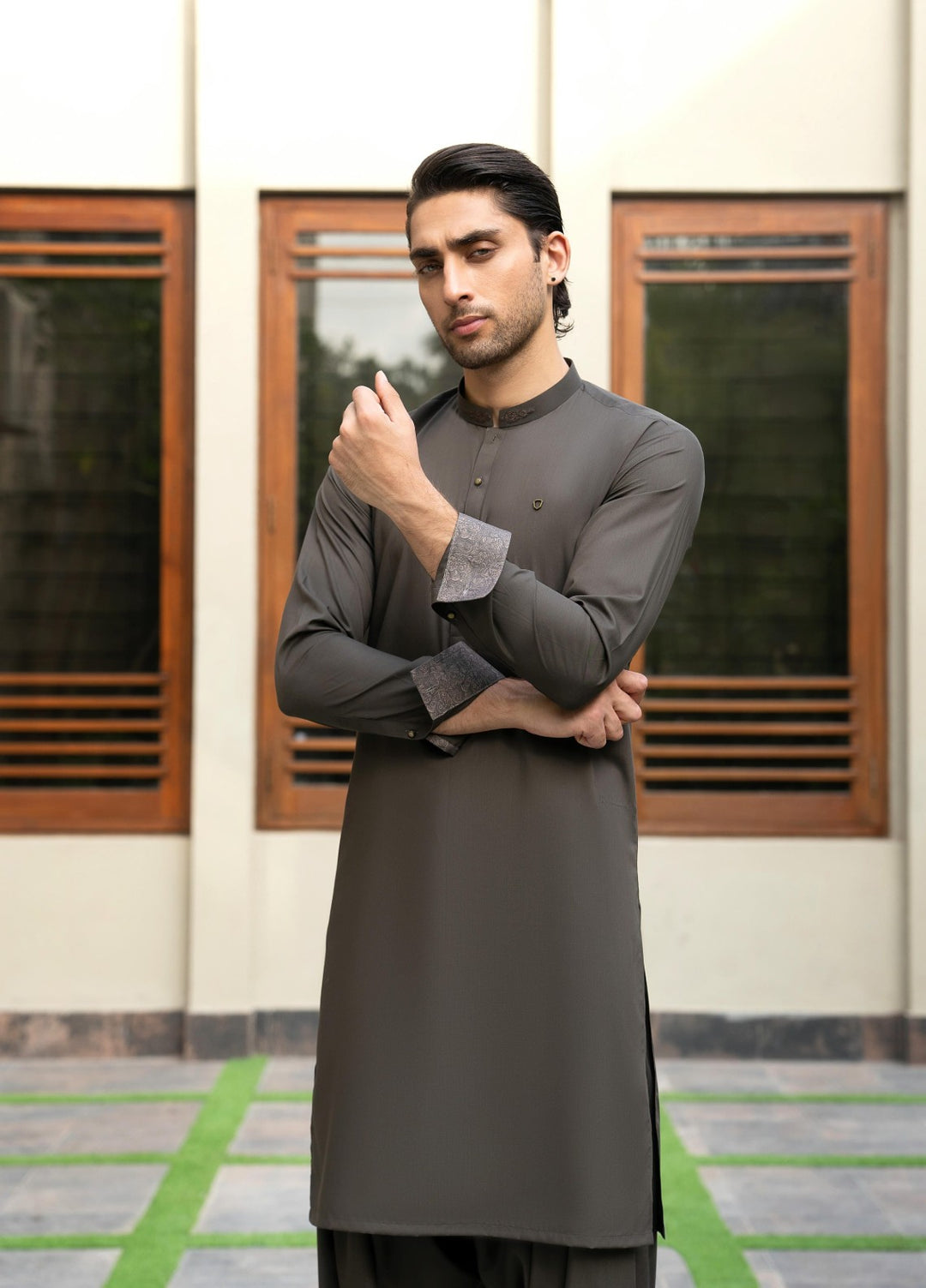 Stylish Garments Mens RTW Solids Wash N Wear Kurta Shalwar Suit Army Green Contrast Casual Collection
