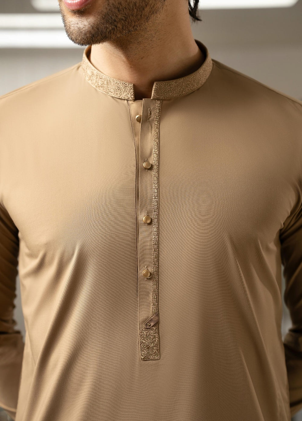Stylish Garments Mens RTW Embroidered Wash N Wear Kurta Shalwar Suit Dark Fawn Casual Collection